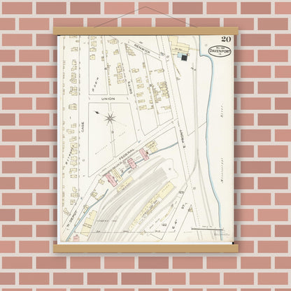 Old map wall art mockup — magnetic wood frame on brick wall — Sanborn Fire Insurance Map from Davenport, Scott County, Iowa (1886), Sheet #0020