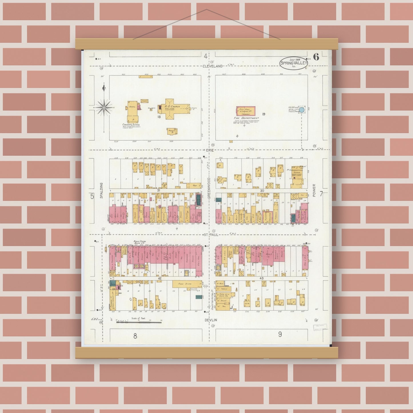 Old map wall art mockup — magnetic wood frame on brick wall — Sanborn Fire Insurance Map from Spring Valley, Bureau County, Illinois (1906), Sheet #0006