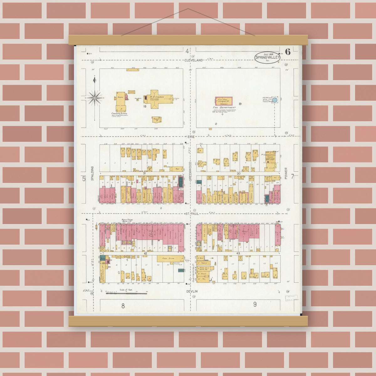 Old map wall art mockup — magnetic wood frame on brick wall — Sanborn Fire Insurance Map from Spring Valley, Bureau County, Illinois (1906), Sheet #0006