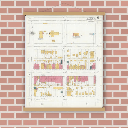 Old map wall art mockup — magnetic wood frame on brick wall — Sanborn Fire Insurance Map from Spring Valley, Bureau County, Illinois (1906), Sheet #0006