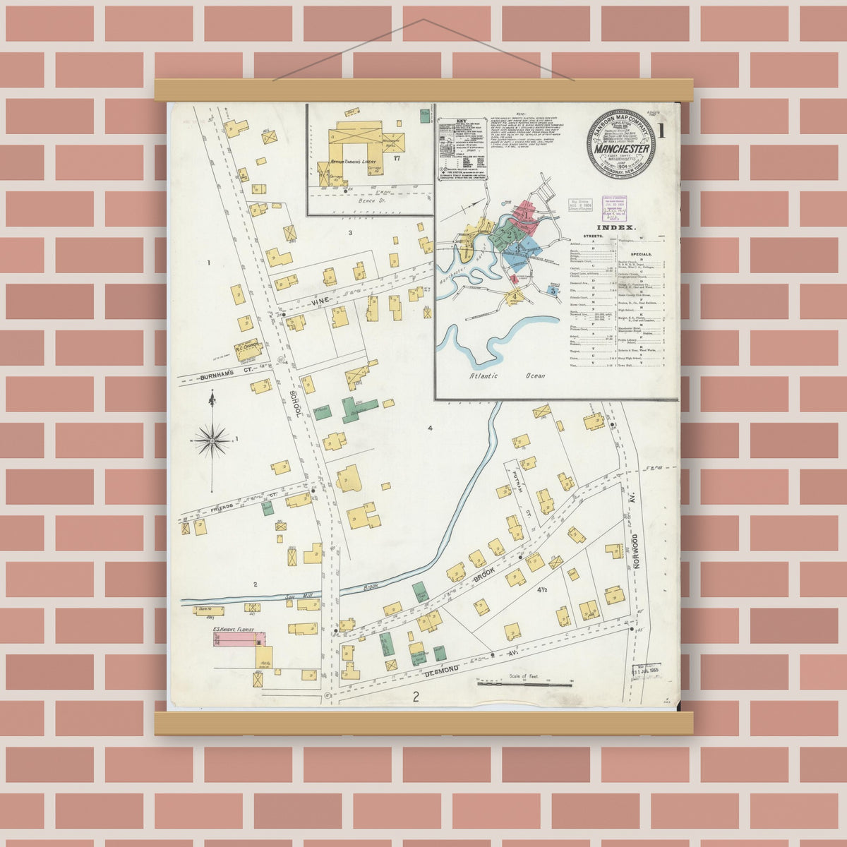 Old map wall art mockup — magnetic wood frame on brick wall — Sanborn Fire Insurance Map from Manchester, Essex County, Massachusetts (1904) - Complete Map Set