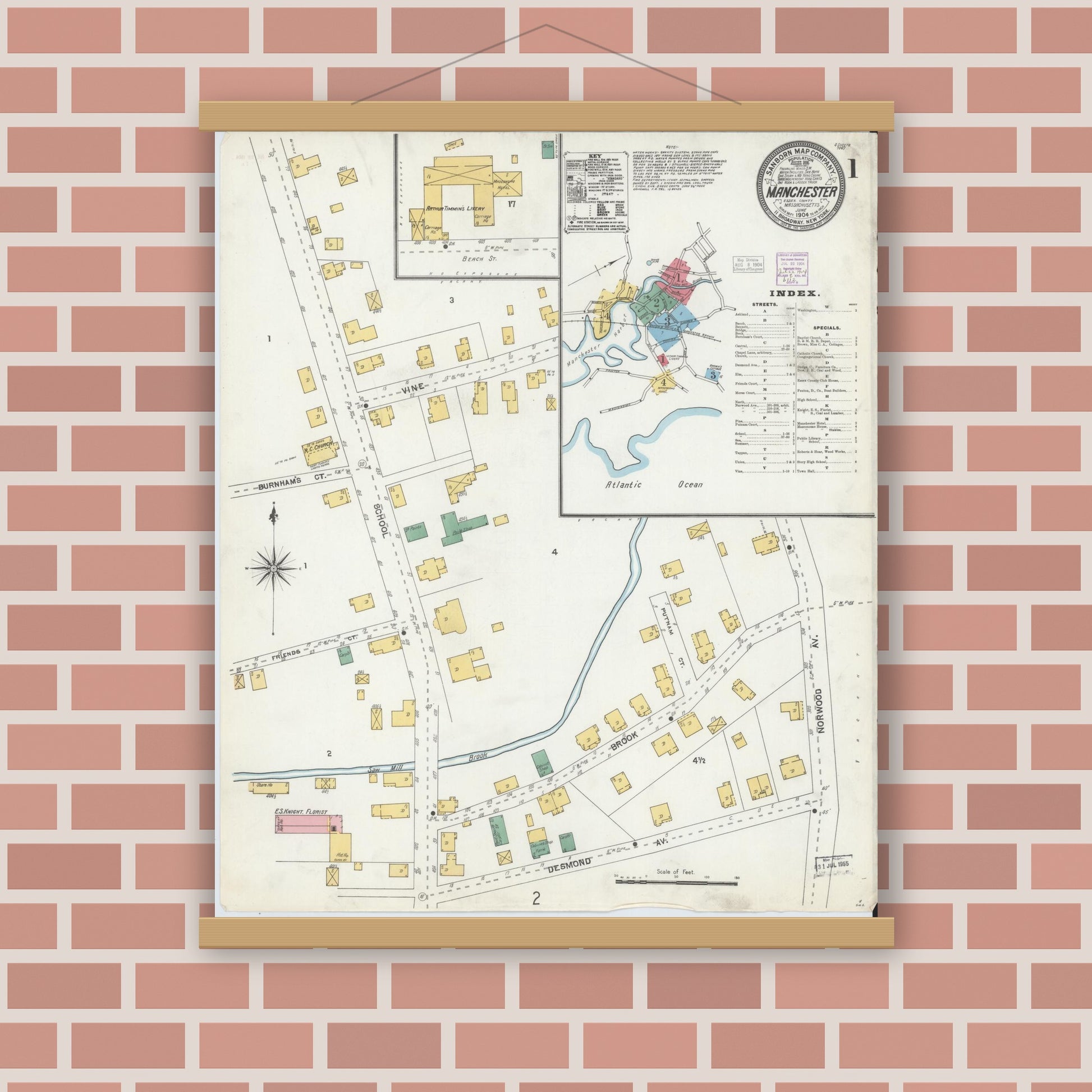 Old map wall art mockup — magnetic wood frame on brick wall — Sanborn Fire Insurance Map from Manchester, Essex County, Massachusetts (1904) - Complete Map Set