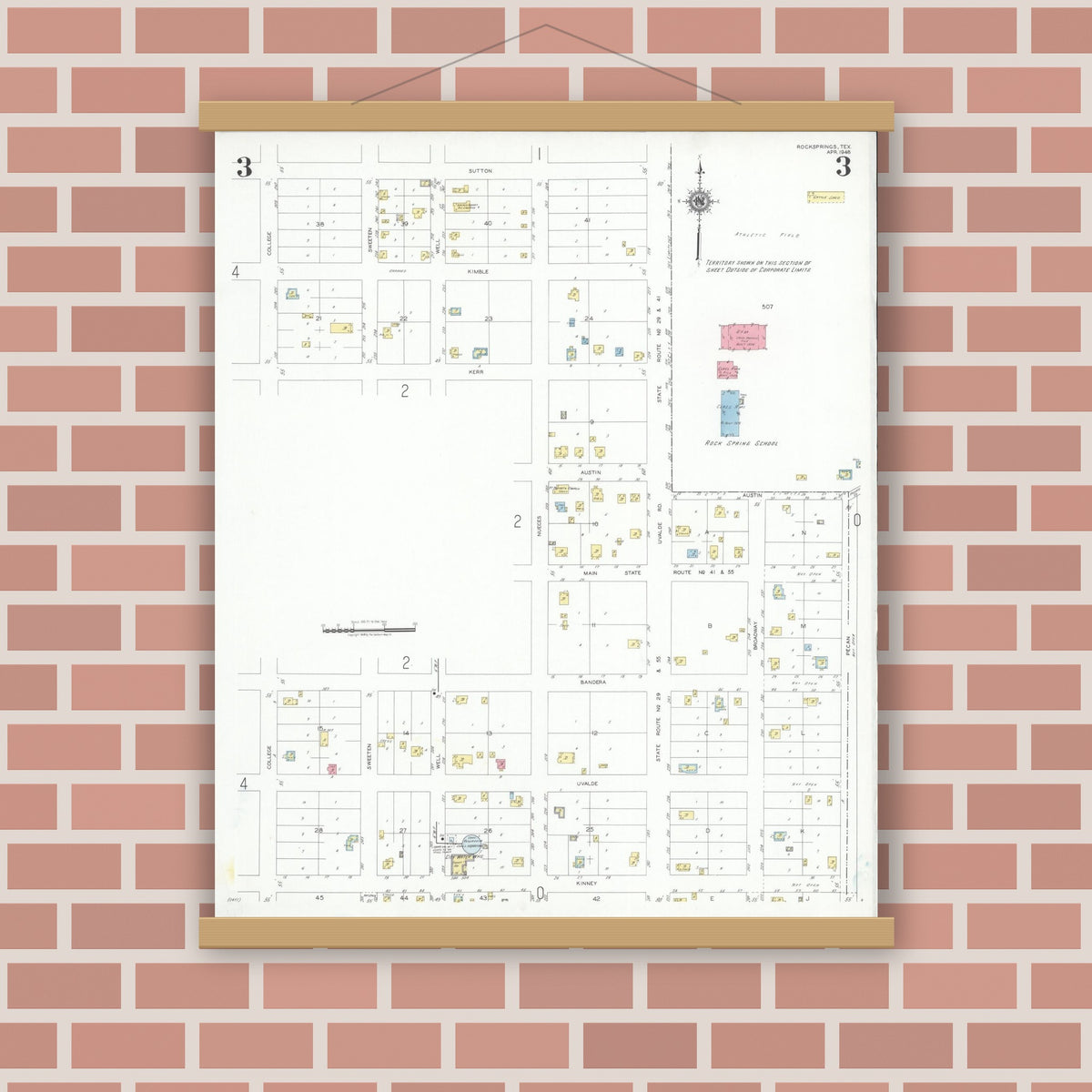 Old map wall art mockup — magnetic wood frame on brick wall — Sanborn Fire Insurance Map from Rocksprings, Edwards County, Texas (1948), Sheet #0003