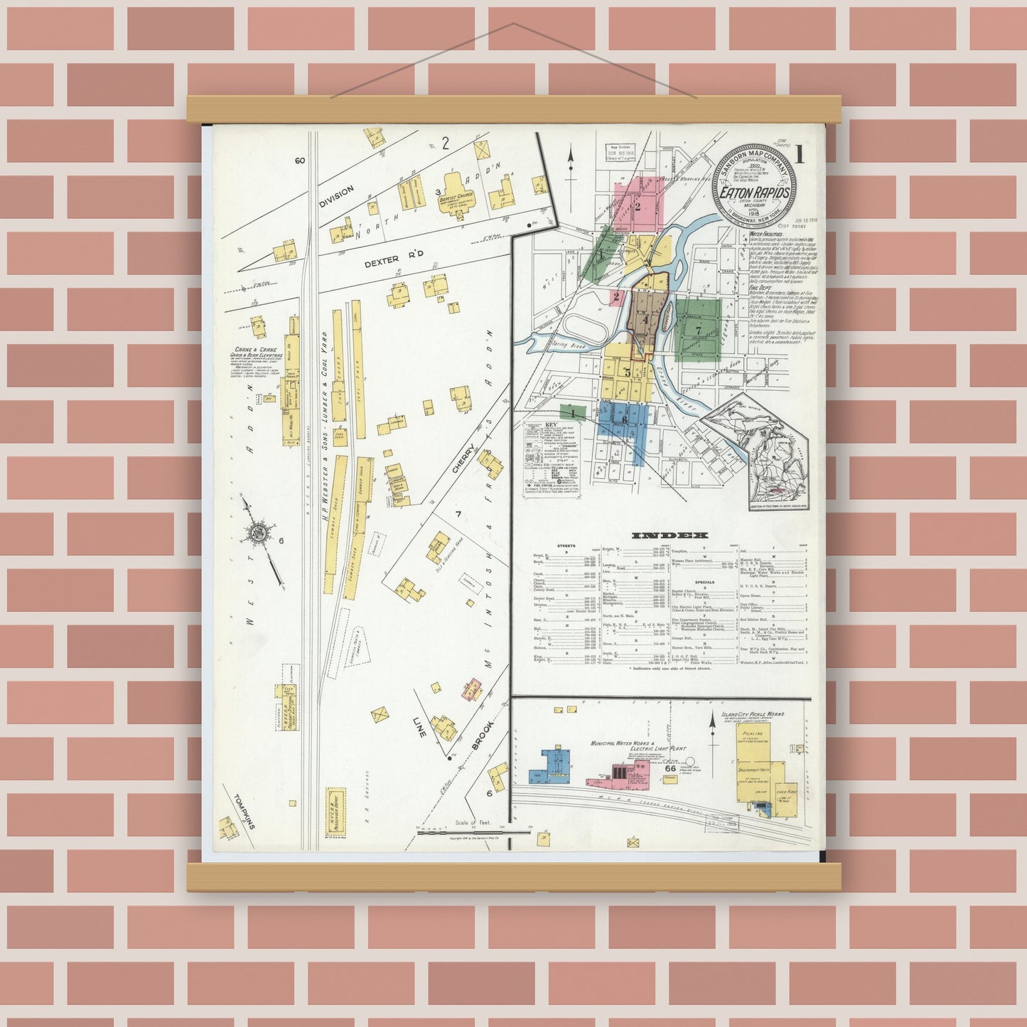 Old map wall art mockup — magnetic wood frame on brick wall — Sanborn Fire Insurance Map from Eaton Rapids, Eaton County, Michigan (1918), Sheet #0001