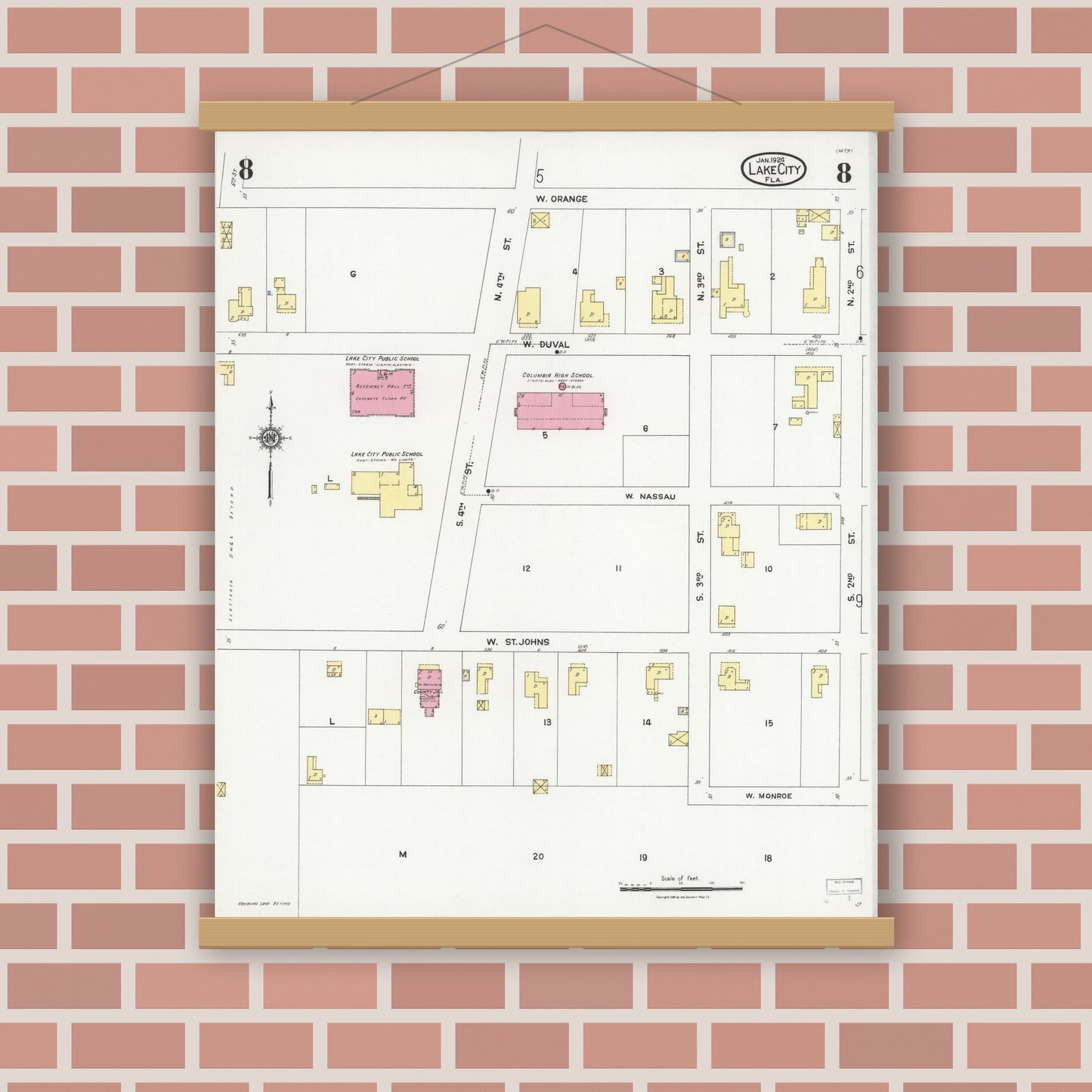 Old map wall art mockup — magnetic wood frame on brick wall — Sanborn Fire Insurance Map from Lake City, Columbia County, Florida (1924), Sheet #0008