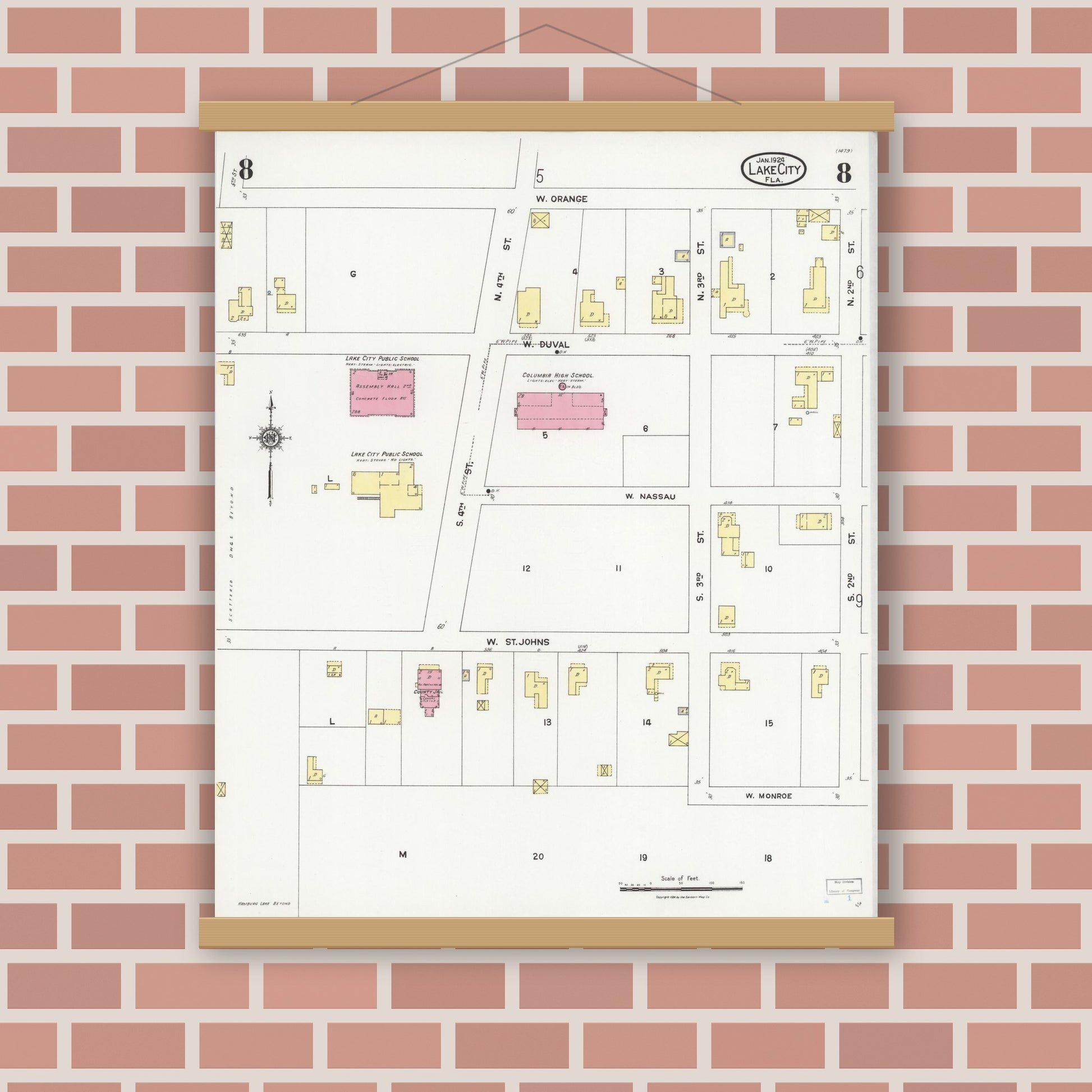 Old map wall art mockup — magnetic wood frame on brick wall — Sanborn Fire Insurance Map from Lake City, Columbia County, Florida (1924), Sheet #0008