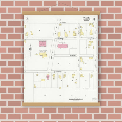 Old map wall art mockup — magnetic wood frame on brick wall — Sanborn Fire Insurance Map from Lake City, Columbia County, Florida (1924), Sheet #0008