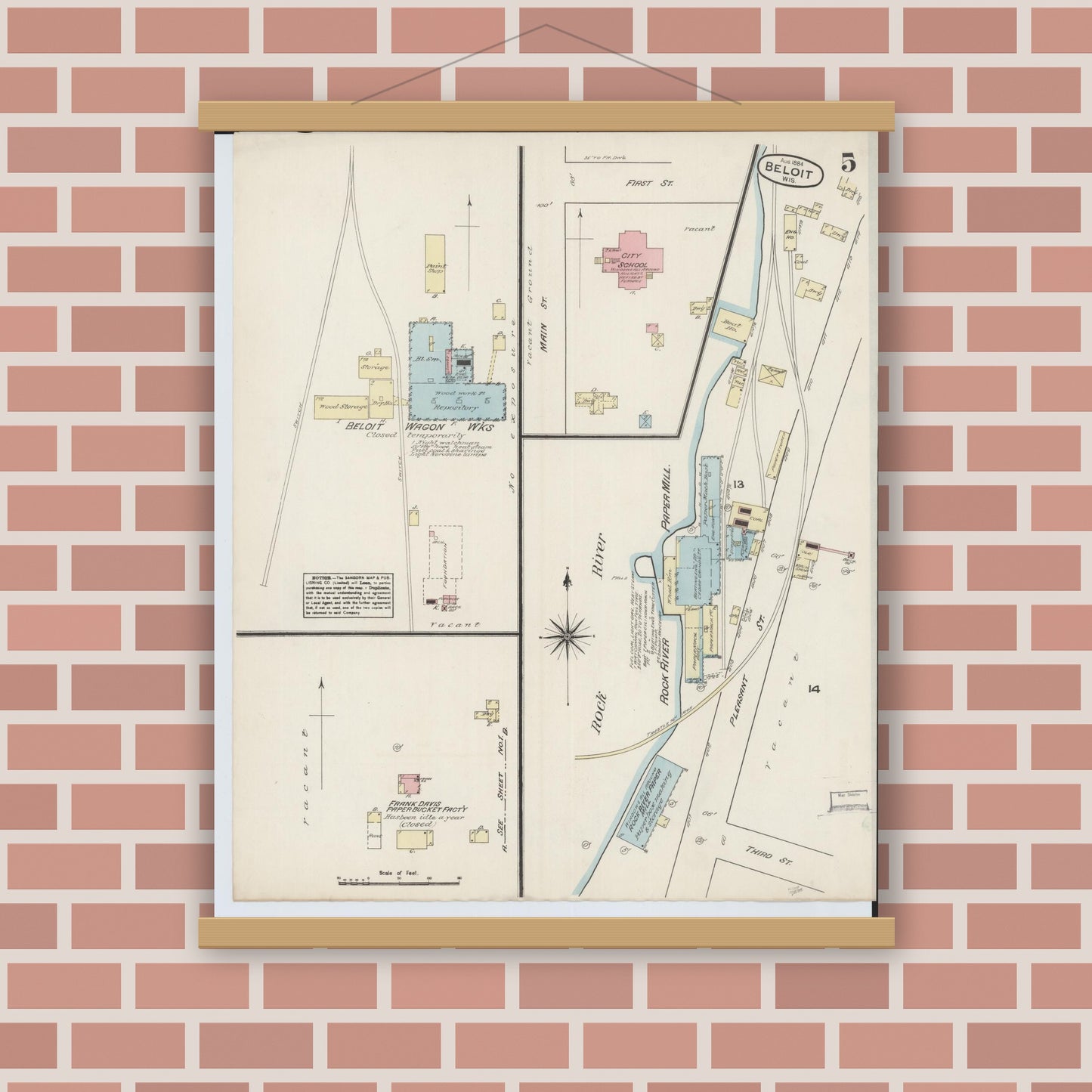 Old map wall art mockup — magnetic wood frame on brick wall — Sanborn Fire Insurance Map from Beloit, Rock County, Wisconsin (1884), Sheet #0005