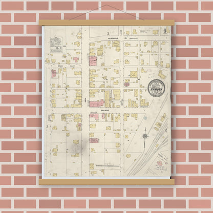 Old map wall art mockup — magnetic wood frame on brick wall — Sanborn Fire Insurance Map from Hamden, Vinton County, Ohio (1911), Sheet #0001