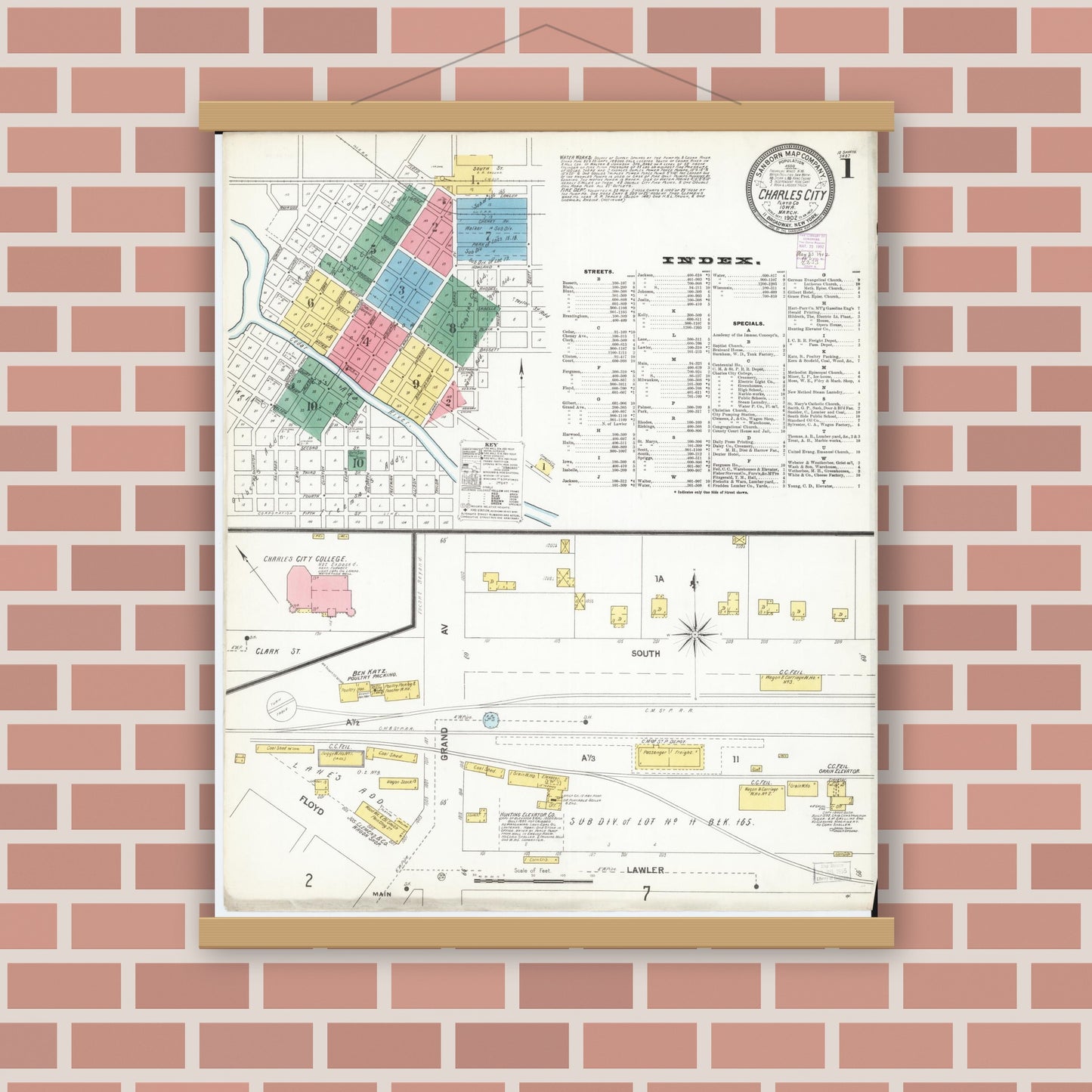 Old map wall art mockup — magnetic wood frame on brick wall — Sanborn Fire Insurance Map from Charles City, Floyd County, Iowa (1902), Sheet #0001