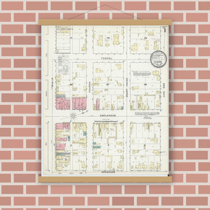 Old map wall art mockup — magnetic wood frame on brick wall — Sanborn Fire Insurance Map from Cuero, De Witt County, Texas (1891) - Complete Map Set