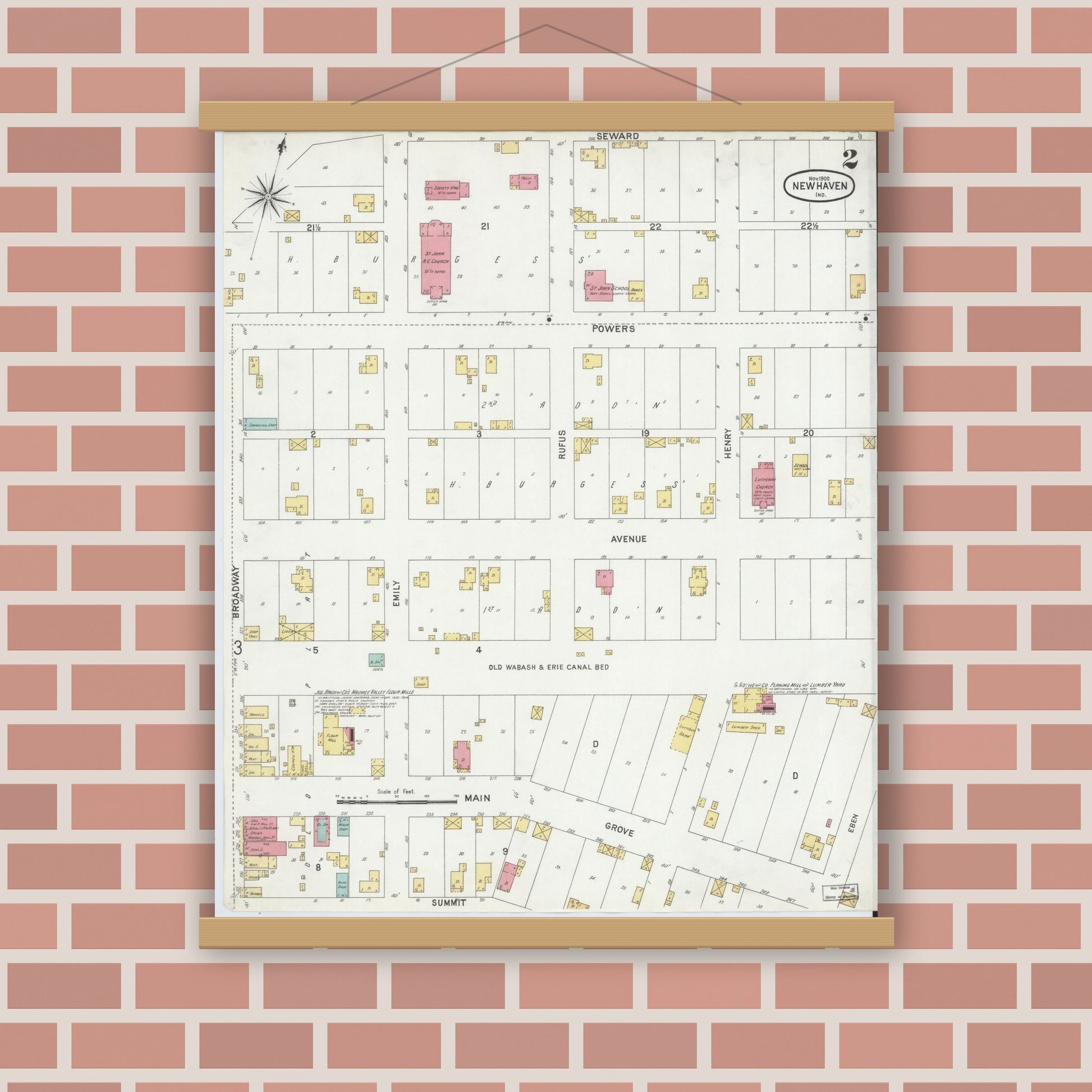 Old map wall art mockup — magnetic wood frame on brick wall — Sanborn Fire Insurance Map from New Haven, Allen County, Indiana (1900), Sheet #0002