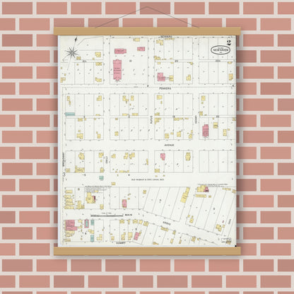 Old map wall art mockup — magnetic wood frame on brick wall — Sanborn Fire Insurance Map from New Haven, Allen County, Indiana (1900), Sheet #0002