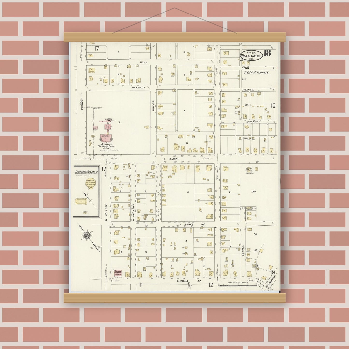 Old map wall art mockup — magnetic wood frame on brick wall — Sanborn Fire Insurance Map from Waxahachie, Ellis County, Texas (1914), Sheet #0018