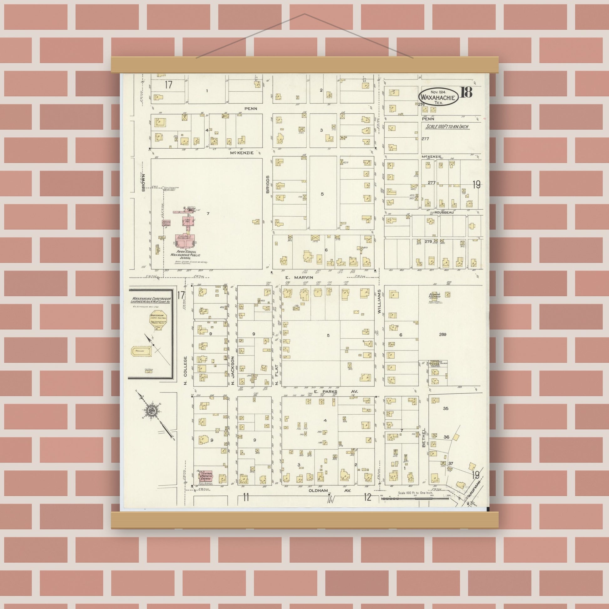 Old map wall art mockup — magnetic wood frame on brick wall — Sanborn Fire Insurance Map from Waxahachie, Ellis County, Texas (1914), Sheet #0018