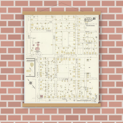 Old map wall art mockup — magnetic wood frame on brick wall — Sanborn Fire Insurance Map from Waxahachie, Ellis County, Texas (1914), Sheet #0018