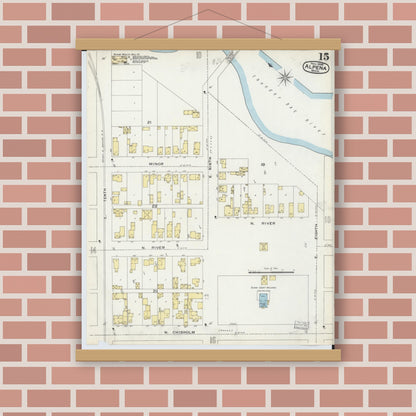 Old map wall art mockup — magnetic wood frame on brick wall — Sanborn Fire Insurance Map from Alpena, Alpena County, Michigan (1895), Sheet #0015