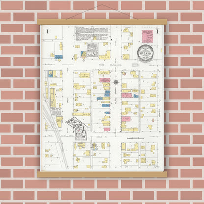 Old map wall art mockup — magnetic wood frame on brick wall — Sanborn Fire Insurance Map from Mcbain, Missaukee County, Michigan (1929), Sheet #0001