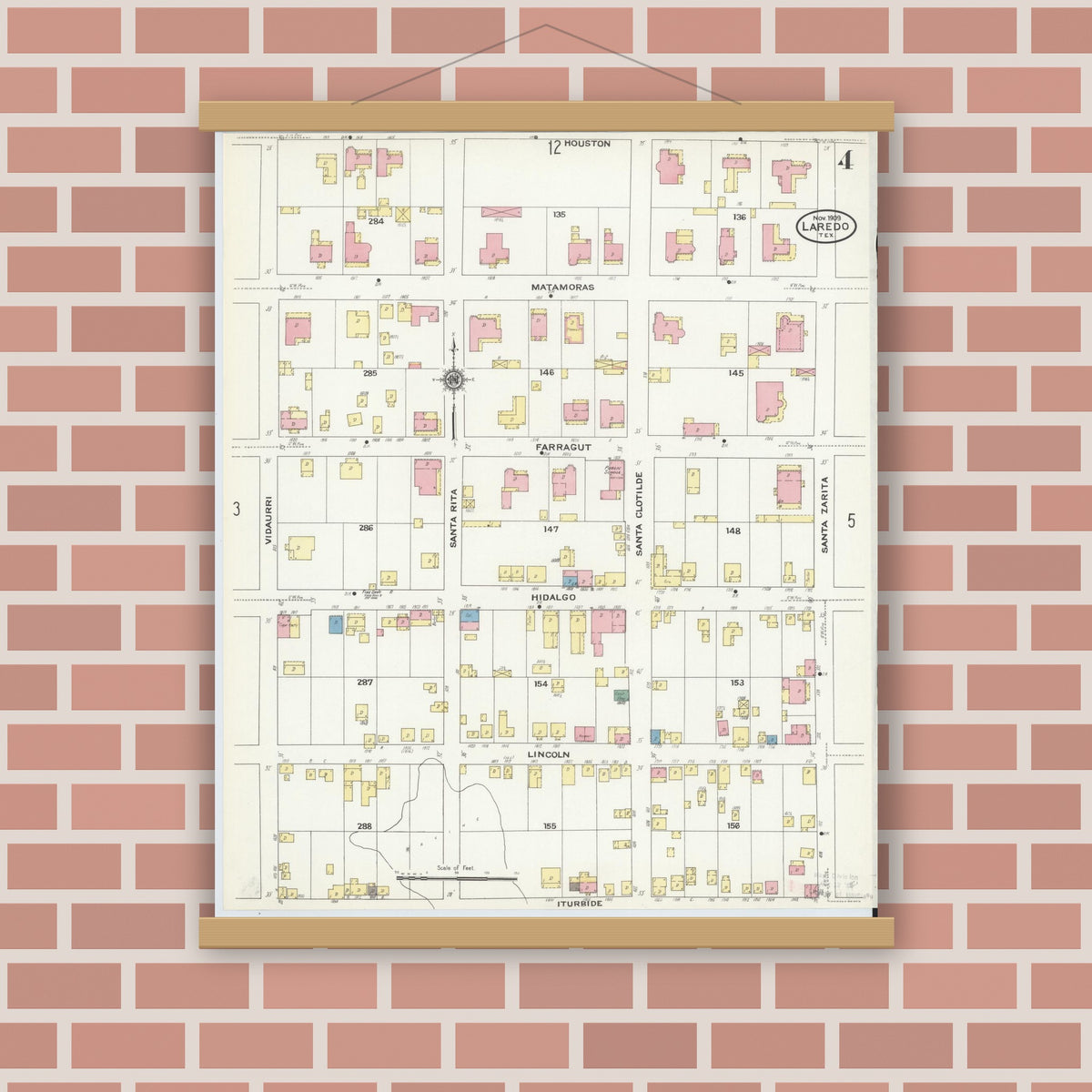 Old map wall art mockup — magnetic wood frame on brick wall — Sanborn Fire Insurance Map from Laredo, Webb County, Texas (1909), Sheet #0004