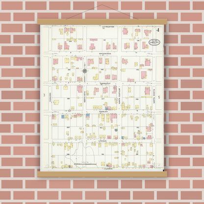 Old map wall art mockup — magnetic wood frame on brick wall — Sanborn Fire Insurance Map from Laredo, Webb County, Texas (1909), Sheet #0004
