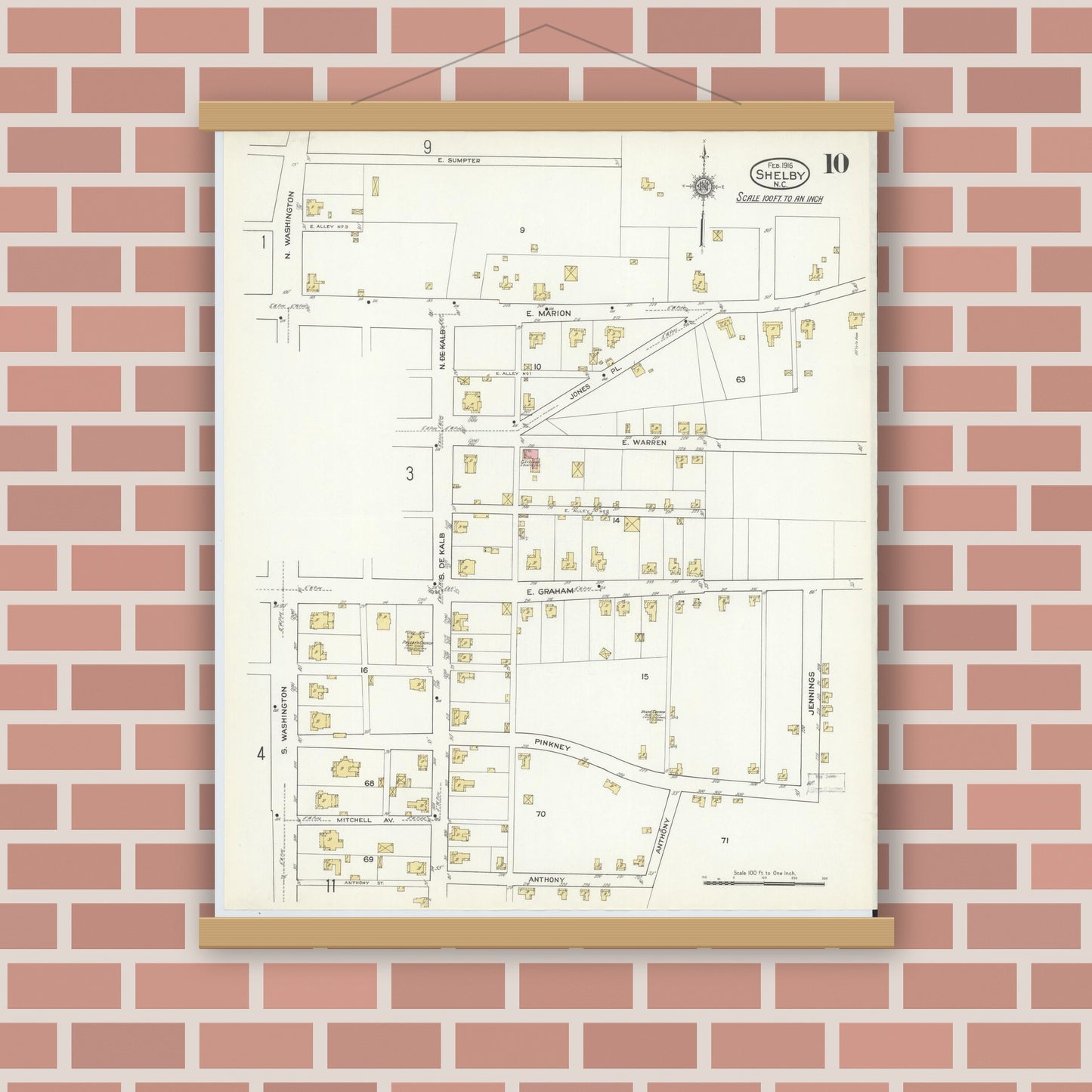 Old map wall art mockup — magnetic wood frame on brick wall — Sanborn Fire Insurance Map from Shelby, Cleveland County, North Carolina (1916), Sheet #0010