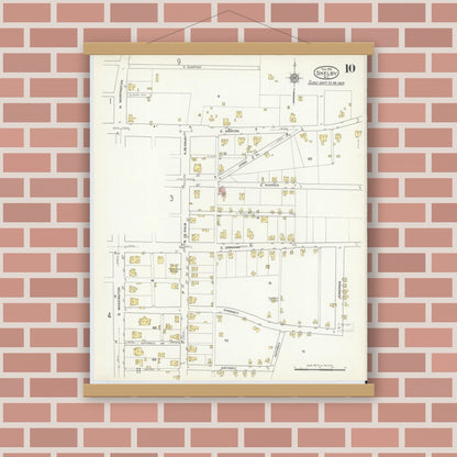 Old map wall art mockup — magnetic wood frame on brick wall — Sanborn Fire Insurance Map from Shelby, Cleveland County, North Carolina (1916), Sheet #0010