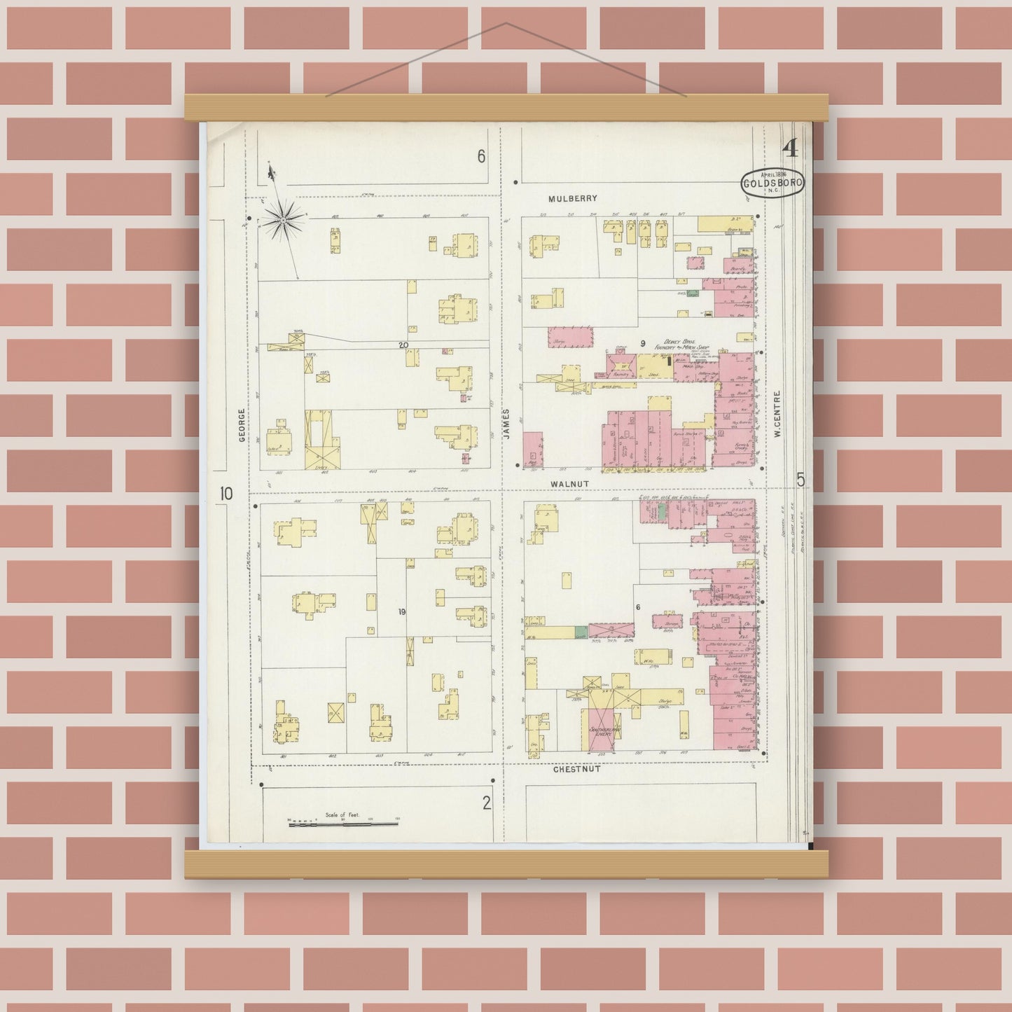 Old map wall art mockup — magnetic wood frame on brick wall — Sanborn Fire Insurance Map from Goldsboro, Wayne County, North Carolina (1896), Sheet #0004