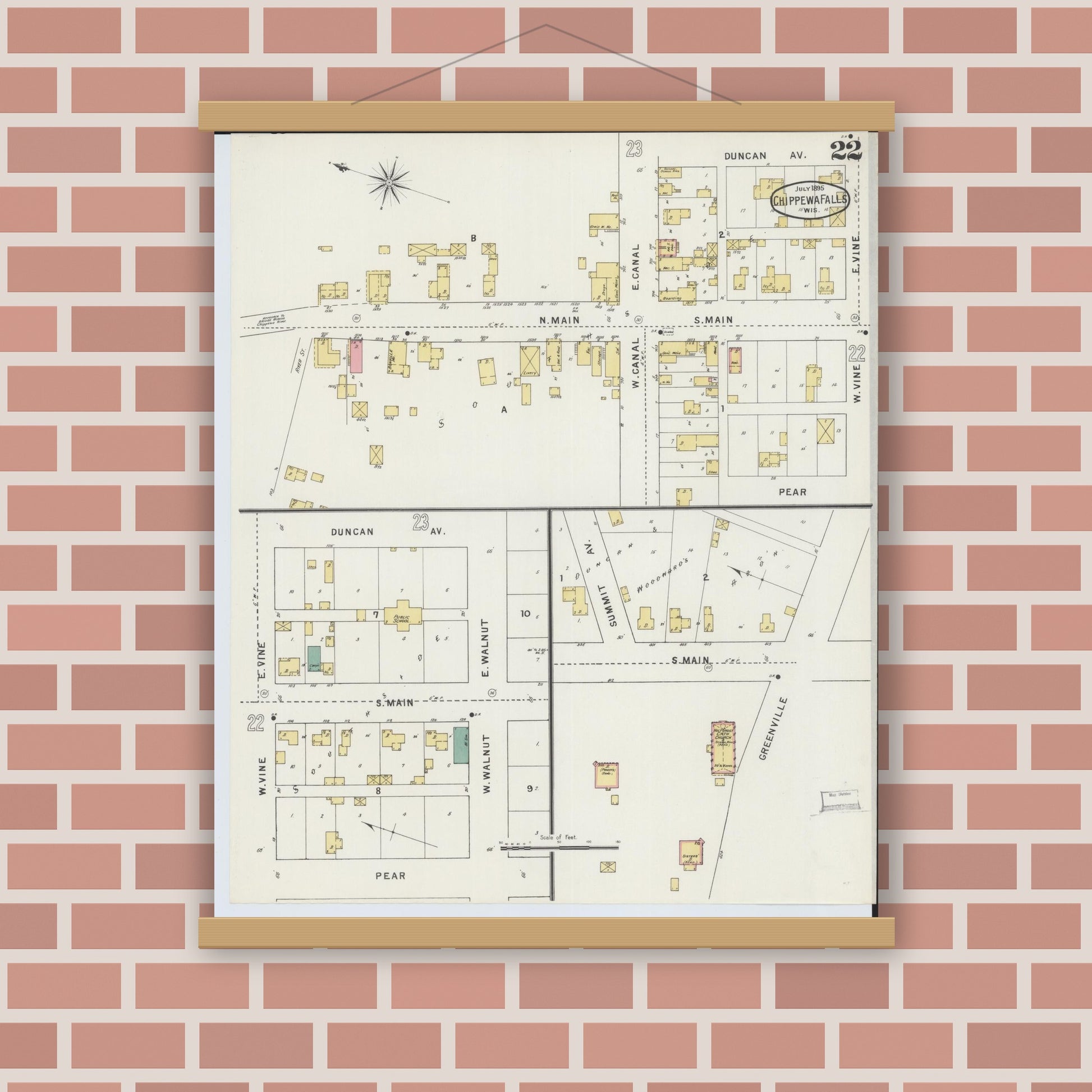 Old map wall art mockup — magnetic wood frame on brick wall — Sanborn Fire Insurance Map from Chippewa Falls, Chippewa County, Wisconsin (1895), Sheet #0022