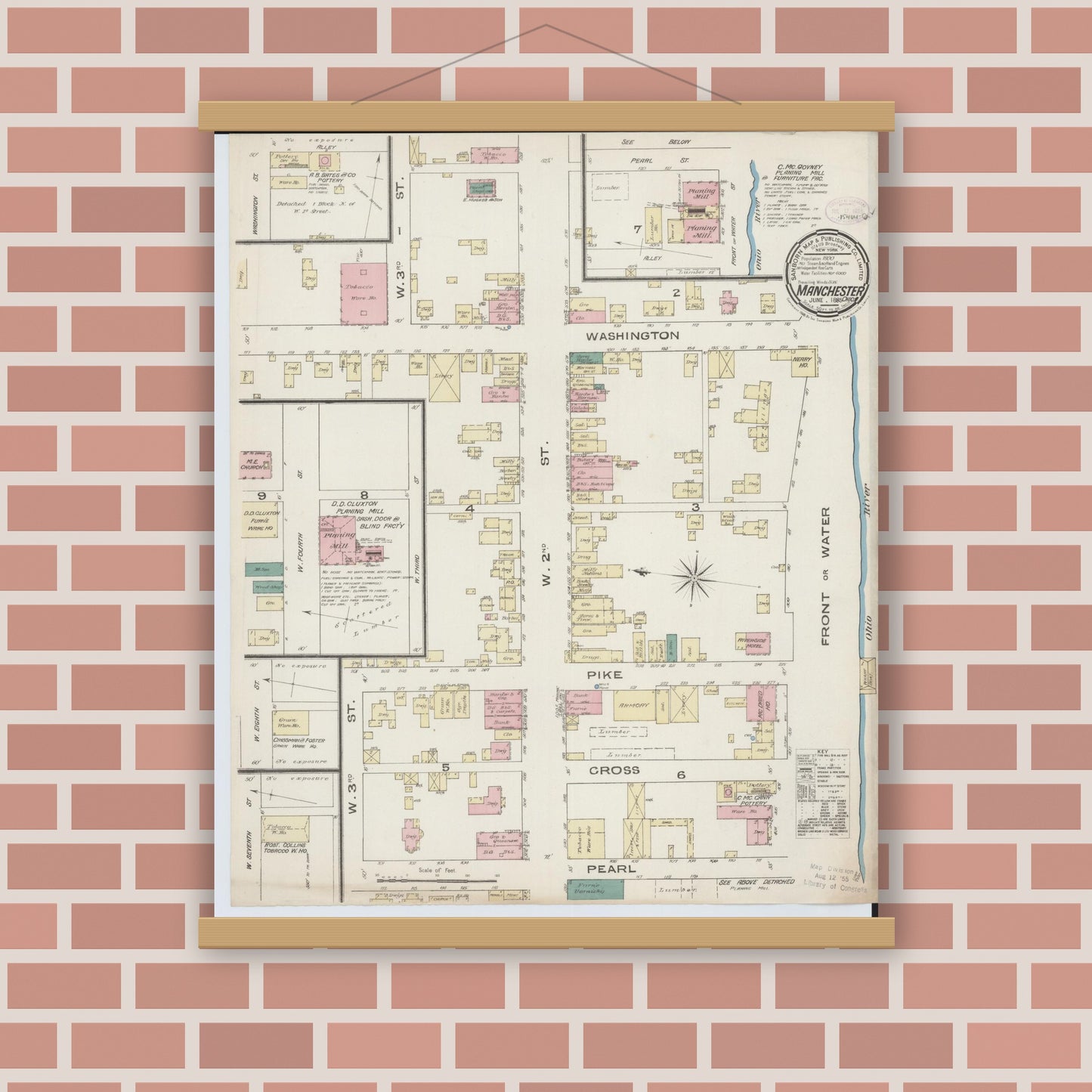Old map wall art mockup — magnetic wood frame on brick wall — Sanborn Fire Insurance Map from Manchester, Adams County, Ohio (1885), Sheet #0001
