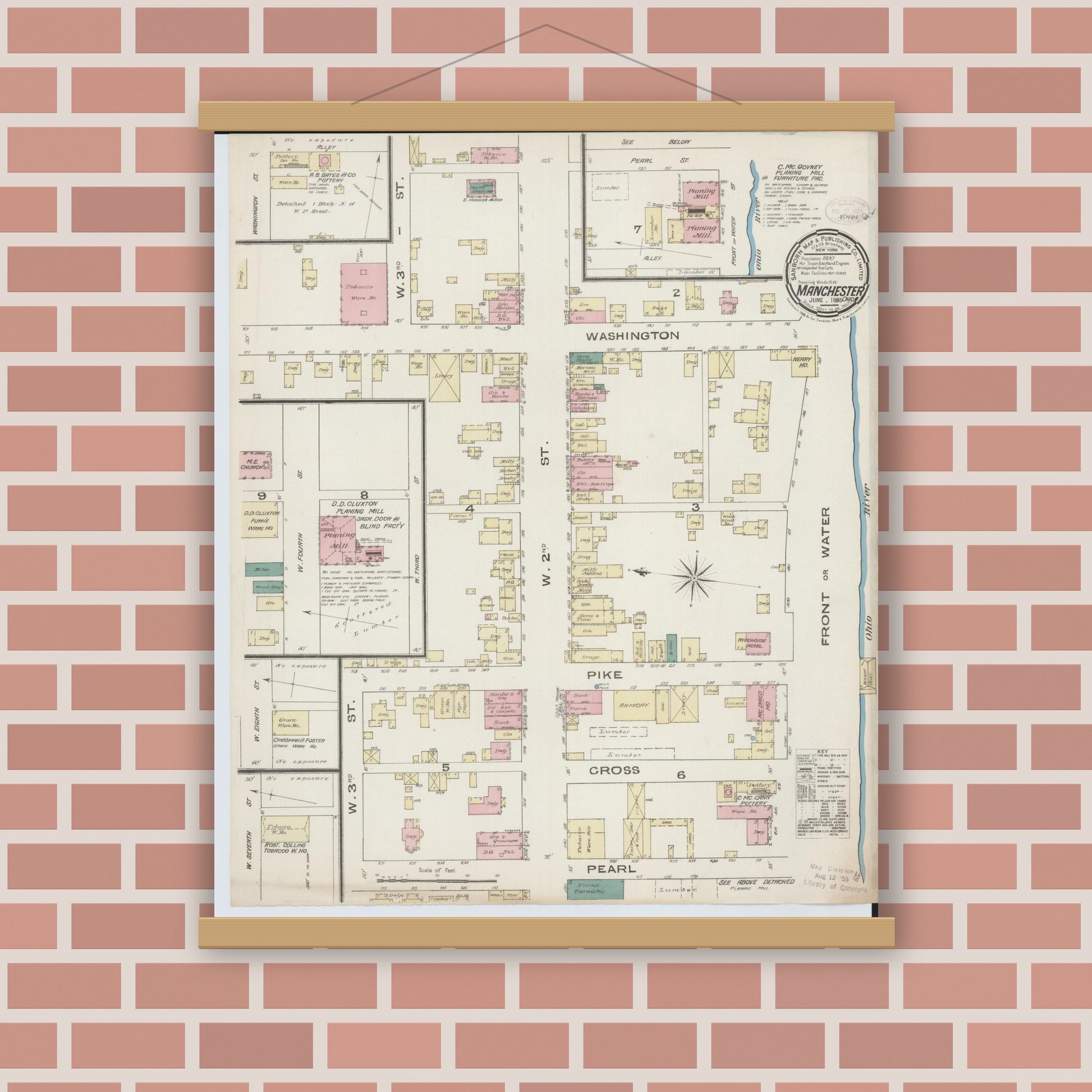 Old map wall art mockup — magnetic wood frame on brick wall — Sanborn Fire Insurance Map from Manchester, Adams County, Ohio (1885), Sheet #0001