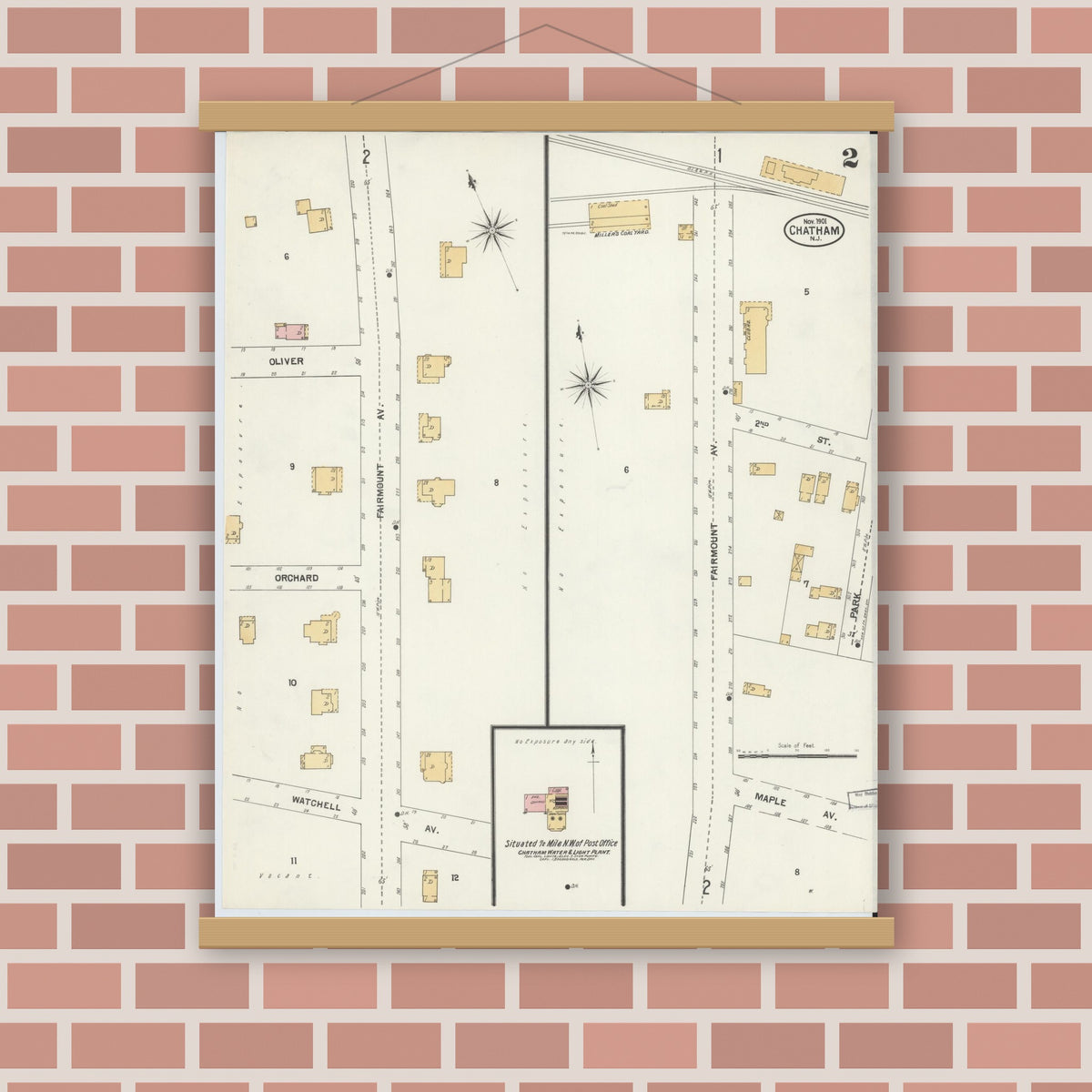 Old map wall art mockup — magnetic wood frame on brick wall — Sanborn Fire Insurance Map from Chatham, Morris County, New Jersey (1901), Sheet #0002