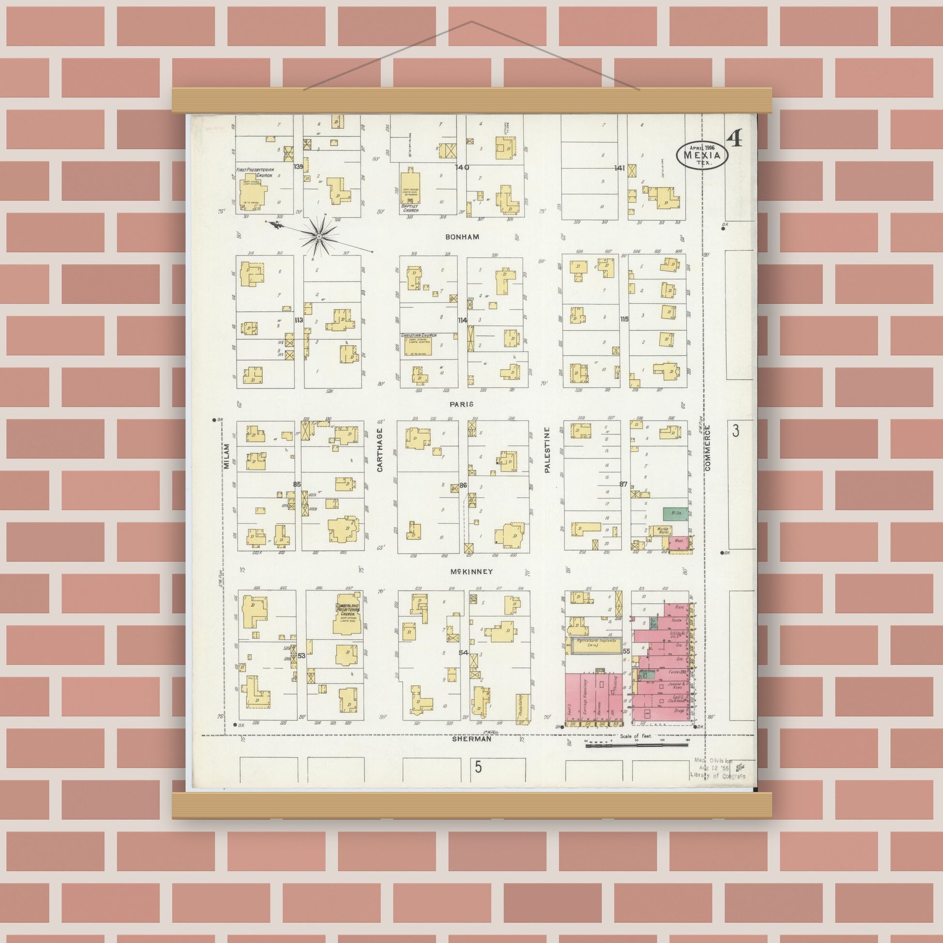 Old map wall art mockup — magnetic wood frame on brick wall — Sanborn Fire Insurance Map from Mexia, Limestone County, Texas (1906), Sheet #0004
