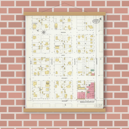 Old map wall art mockup — magnetic wood frame on brick wall — Sanborn Fire Insurance Map from Mexia, Limestone County, Texas (1906), Sheet #0004