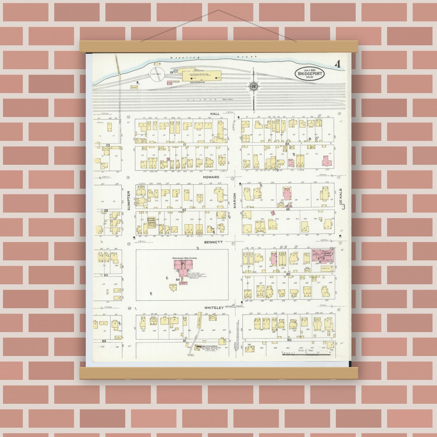 Old map wall art mockup — magnetic wood frame on brick wall — Sanborn Fire Insurance Map from Bridgeport, Belmont County, Ohio (1910), Sheet #0004