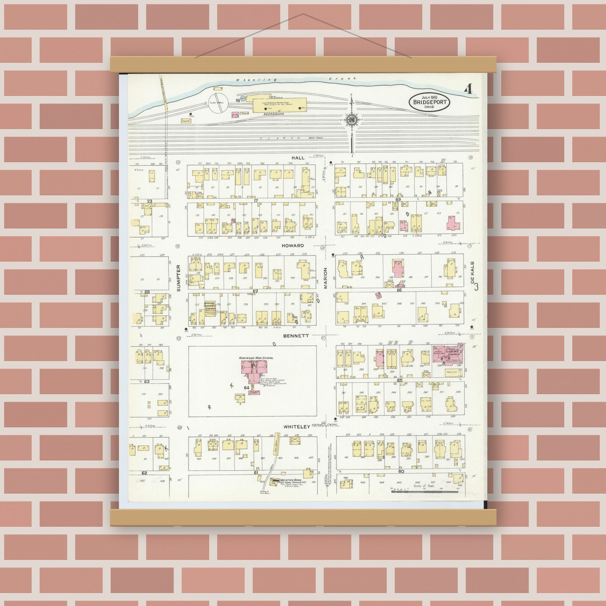 Old map wall art mockup — magnetic wood frame on brick wall — Sanborn Fire Insurance Map from Bridgeport, Belmont County, Ohio (1910), Sheet #0004