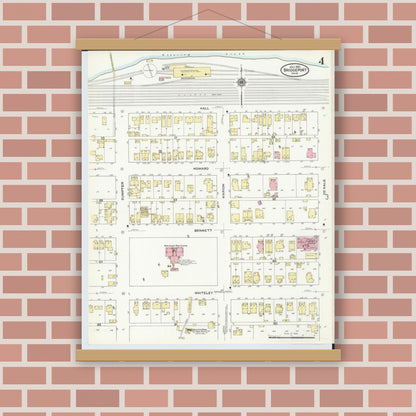 Old map wall art mockup — magnetic wood frame on brick wall — Sanborn Fire Insurance Map from Bridgeport, Belmont County, Ohio (1910), Sheet #0004