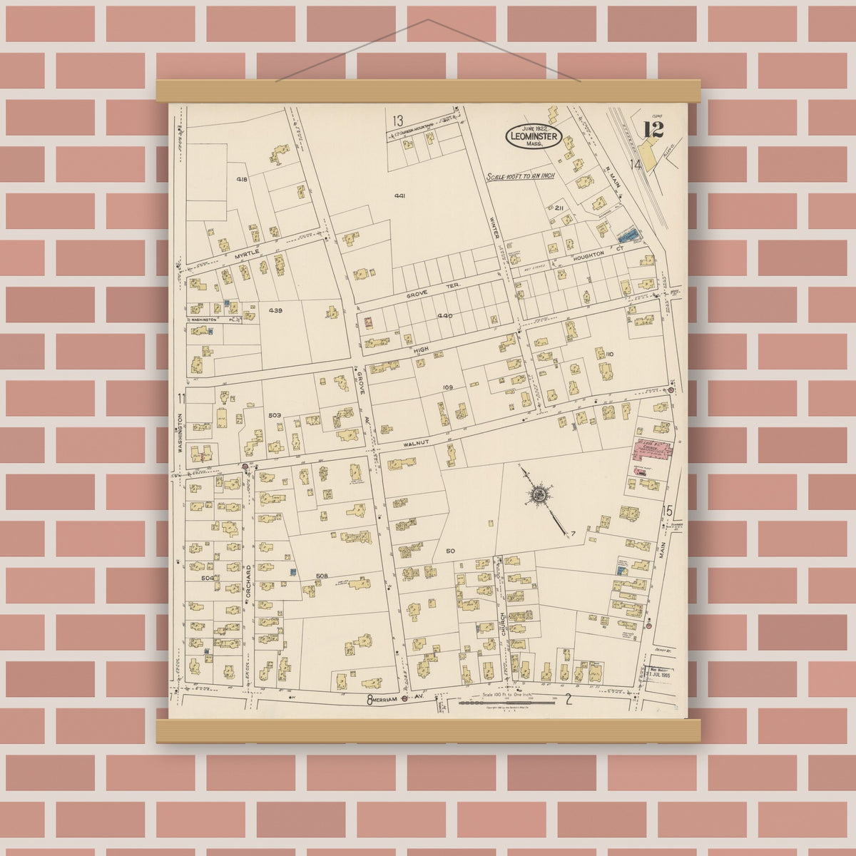 Old map wall art mockup — magnetic wood frame on brick wall — Sanborn Fire Insurance Map from Leominster, Worcester County, Massachusetts (1922), Sheet #0012