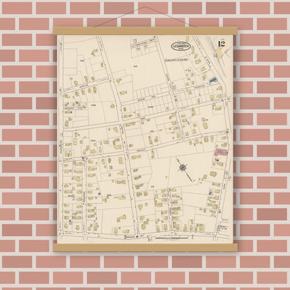 Old map wall art mockup — magnetic wood frame on brick wall — Sanborn Fire Insurance Map from Leominster, Worcester County, Massachusetts (1922), Sheet #0012