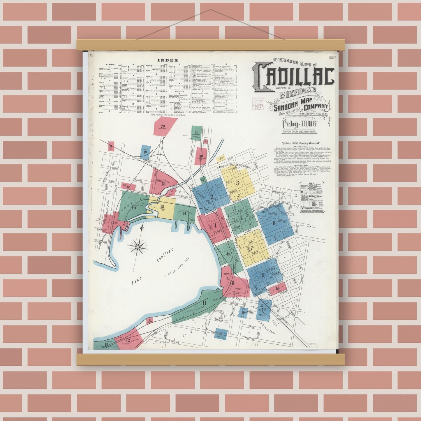 Old map wall art mockup — magnetic wood frame on brick wall — Sanborn Fire Insurance Map from Cadillac, Wexford County, Michigan (1906) - Complete Map Set