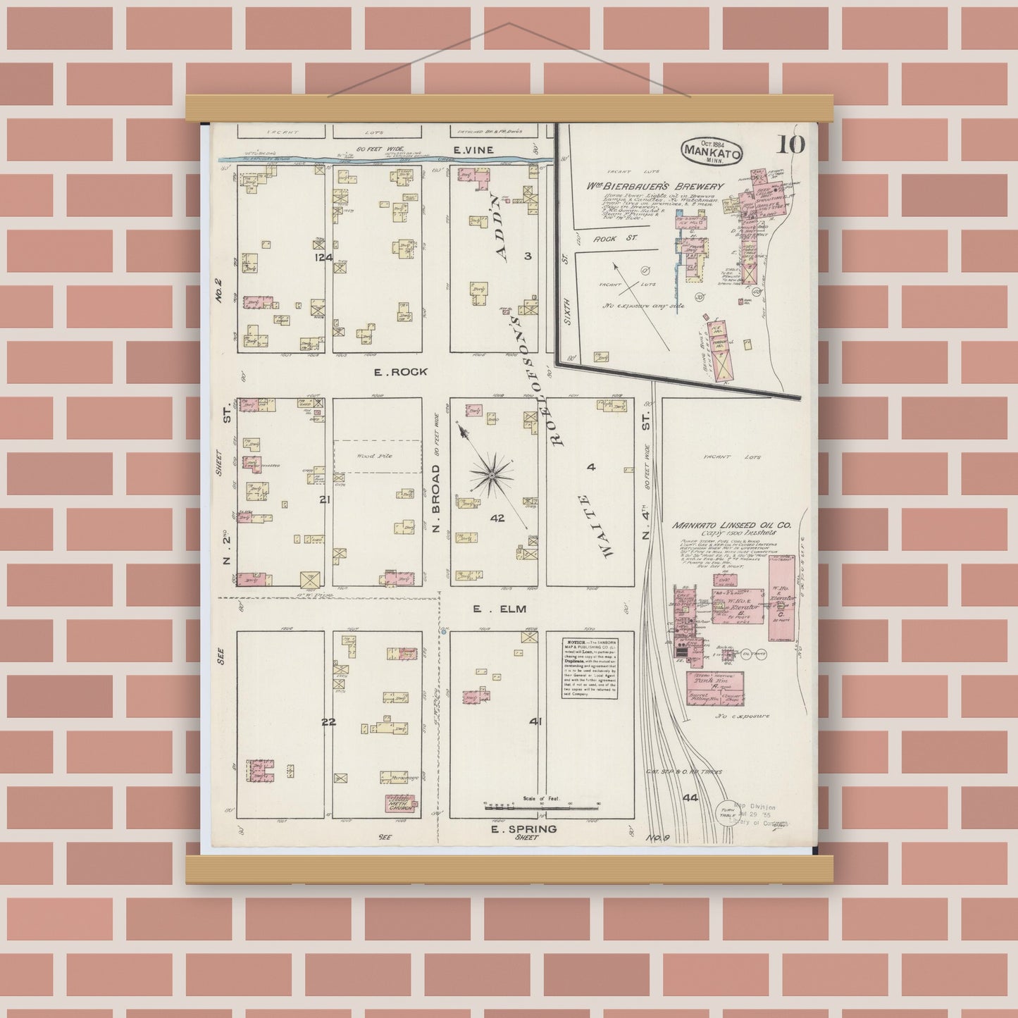 Old map wall art mockup — magnetic wood frame on brick wall — Sanborn Fire Insurance Map from Mankato, Blue Earth County, Minnesota (1884), Sheet #0010