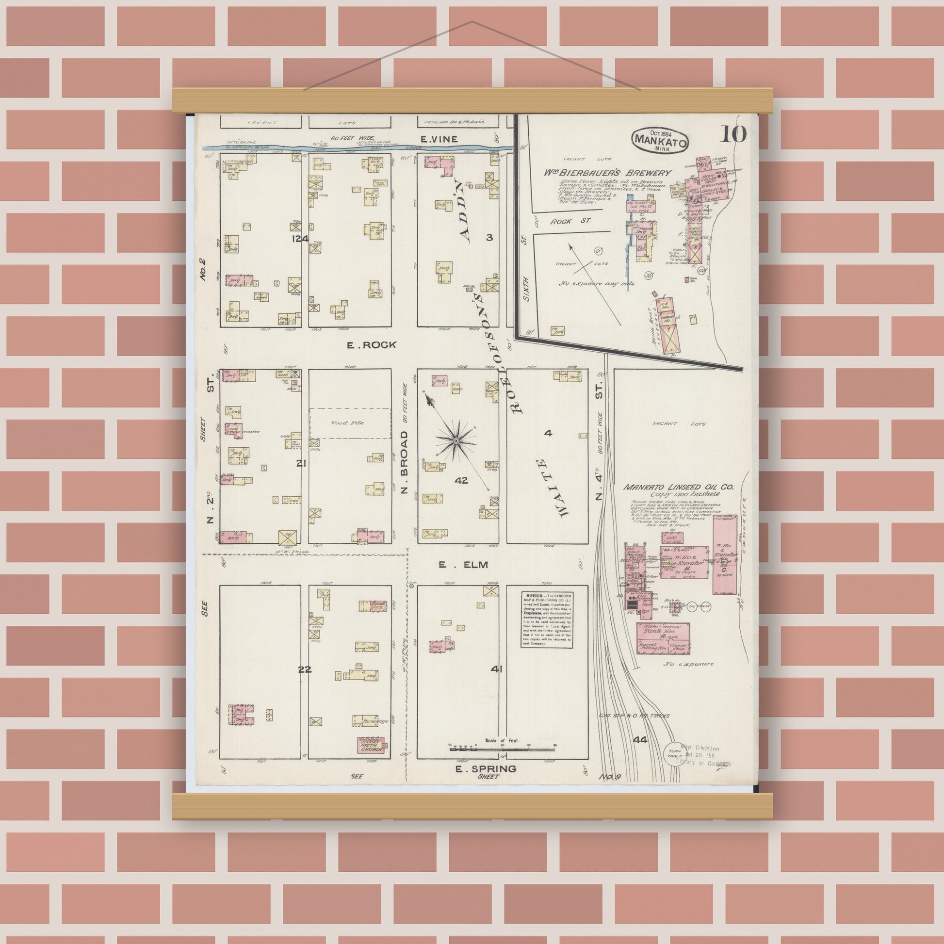 Old map wall art mockup — magnetic wood frame on brick wall — Sanborn Fire Insurance Map from Mankato, Blue Earth County, Minnesota (1884), Sheet #0010