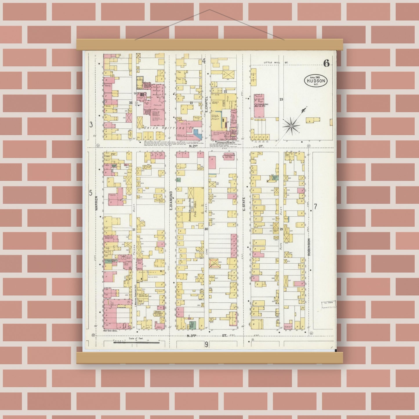 Old map wall art mockup — magnetic wood frame on brick wall — Sanborn Fire Insurance Map from Hudson, Columbia County, New York (1903), Sheet #0006