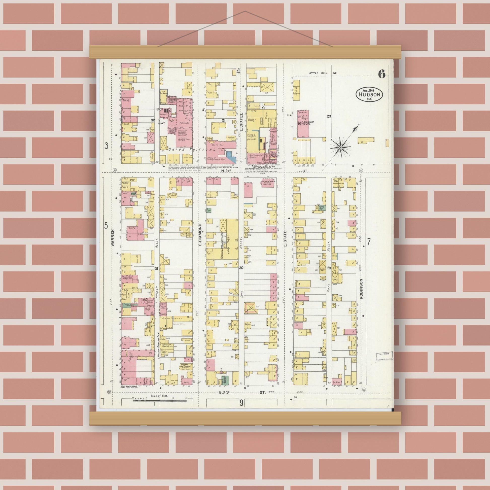 Old map wall art mockup — magnetic wood frame on brick wall — Sanborn Fire Insurance Map from Hudson, Columbia County, New York (1903), Sheet #0006