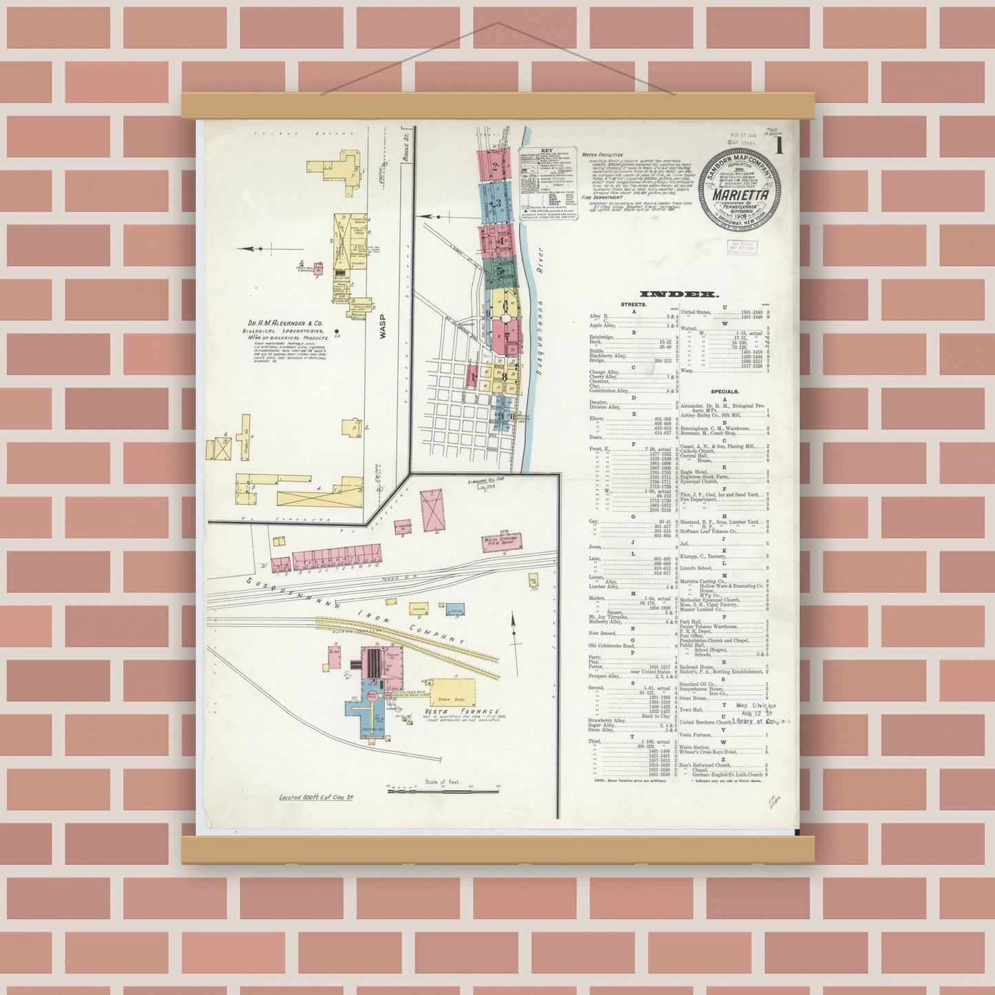 Old map wall art mockup — magnetic wood frame on brick wall — Sanborn Fire Insurance Map from Marietta, Lancaster County, Pennsylvania (1909), Sheet #0001