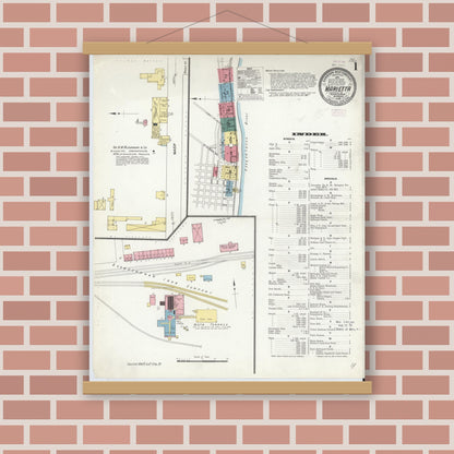 Old map wall art mockup — magnetic wood frame on brick wall — Sanborn Fire Insurance Map from Marietta, Lancaster County, Pennsylvania (1909), Sheet #0001