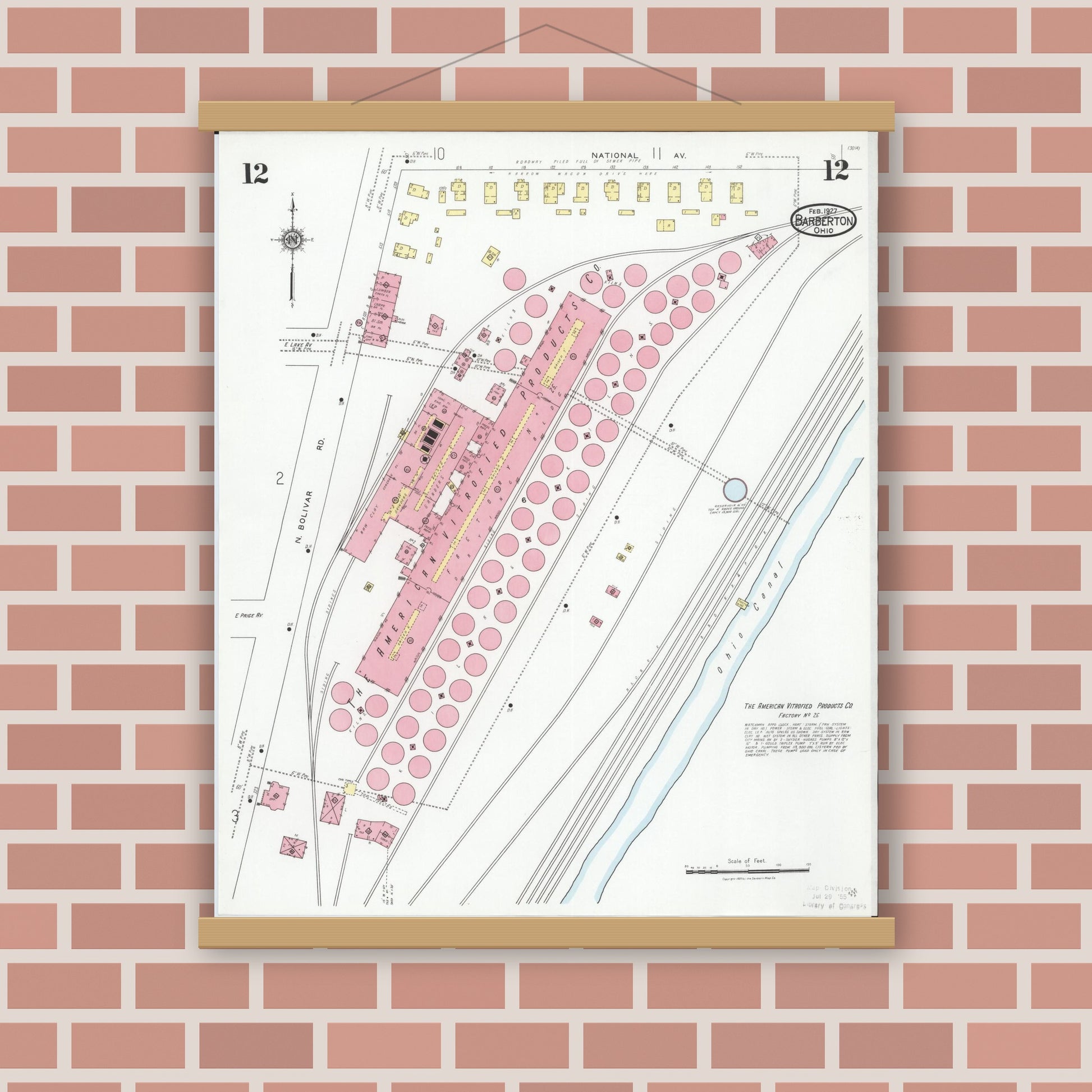 Old map wall art mockup — magnetic wood frame on brick wall — Sanborn Fire Insurance Map from Barberton, Summit County, Ohio (1927), Sheet #0012