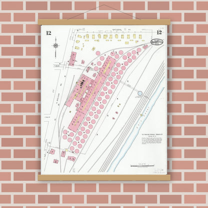 Old map wall art mockup — magnetic wood frame on brick wall — Sanborn Fire Insurance Map from Barberton, Summit County, Ohio (1927), Sheet #0012