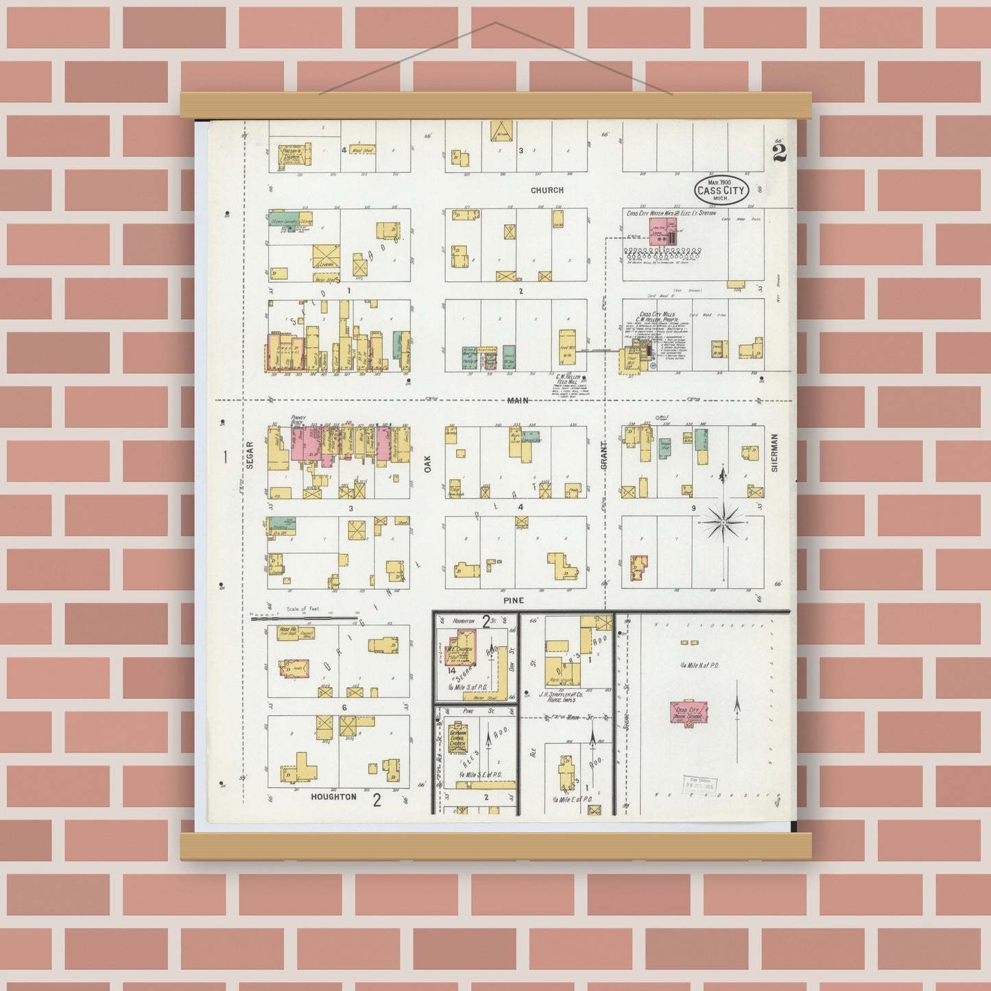 Old map wall art mockup — magnetic wood frame on brick wall — Sanborn Fire Insurance Map from Cass City, Tuscola County, Michigan (1900), Sheet #0002