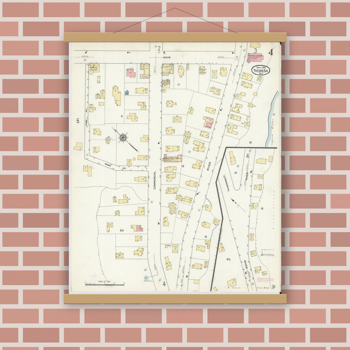 Old map wall art mockup — magnetic wood frame on brick wall — Sanborn Fire Insurance Map from Theresa, Jefferson County, New York (1912), Sheet #0004