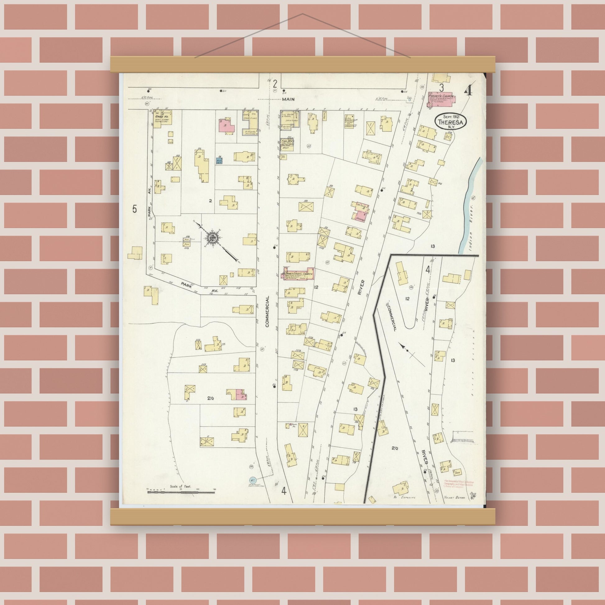 Old map wall art mockup — magnetic wood frame on brick wall — Sanborn Fire Insurance Map from Theresa, Jefferson County, New York (1912), Sheet #0004